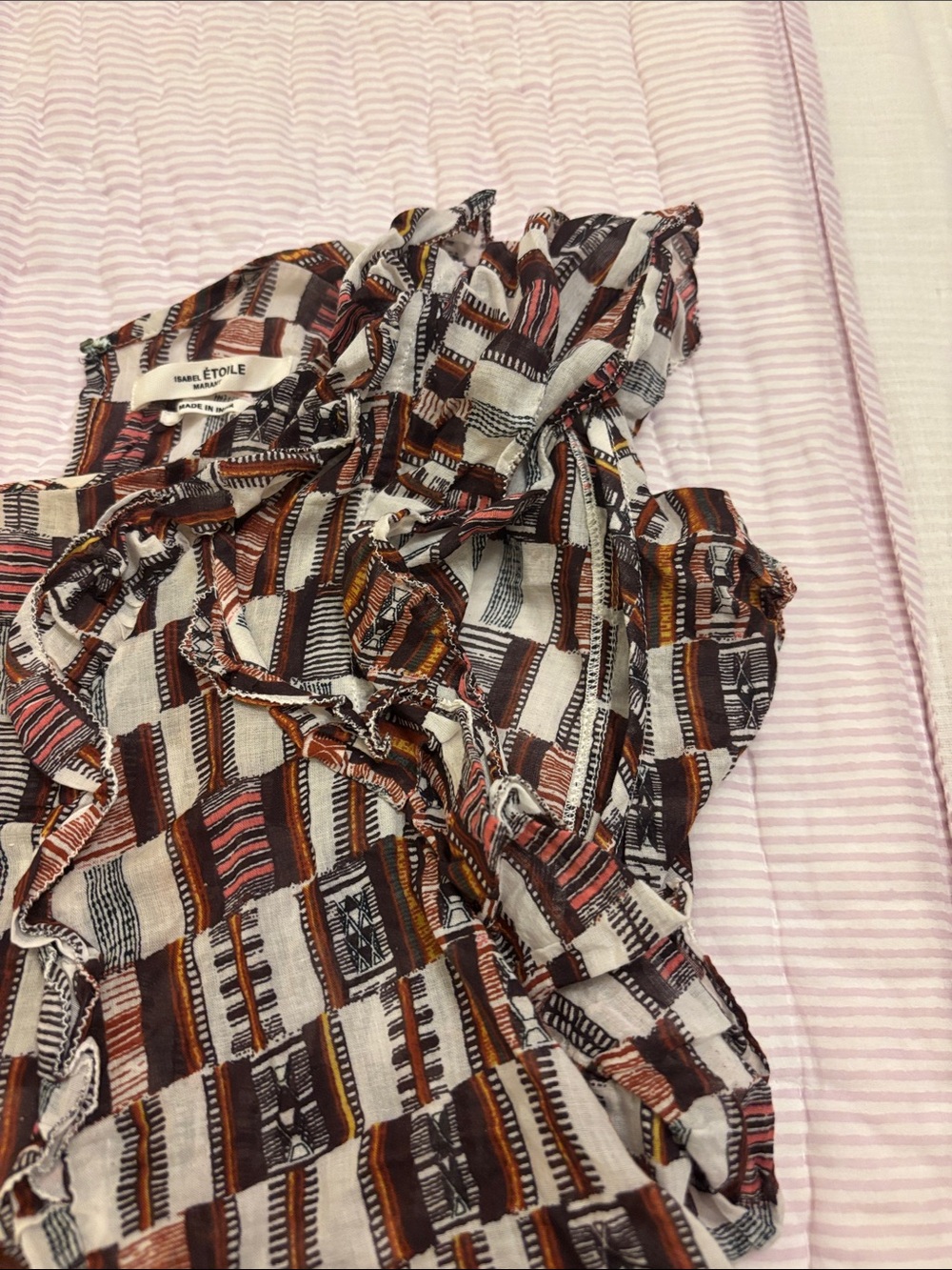 Isabel Marant Ruffled Geometric Patchwork Top in Brown, Cream & Rust - Picture 3 of 5